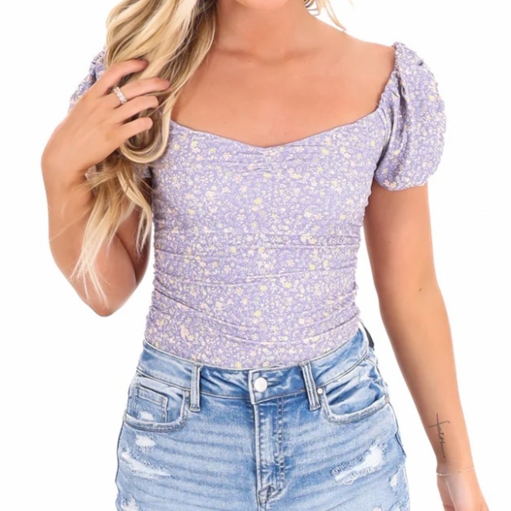 Free People Printed Bella Bodysuit Purple Floral Puff Sleeve See measurements LG